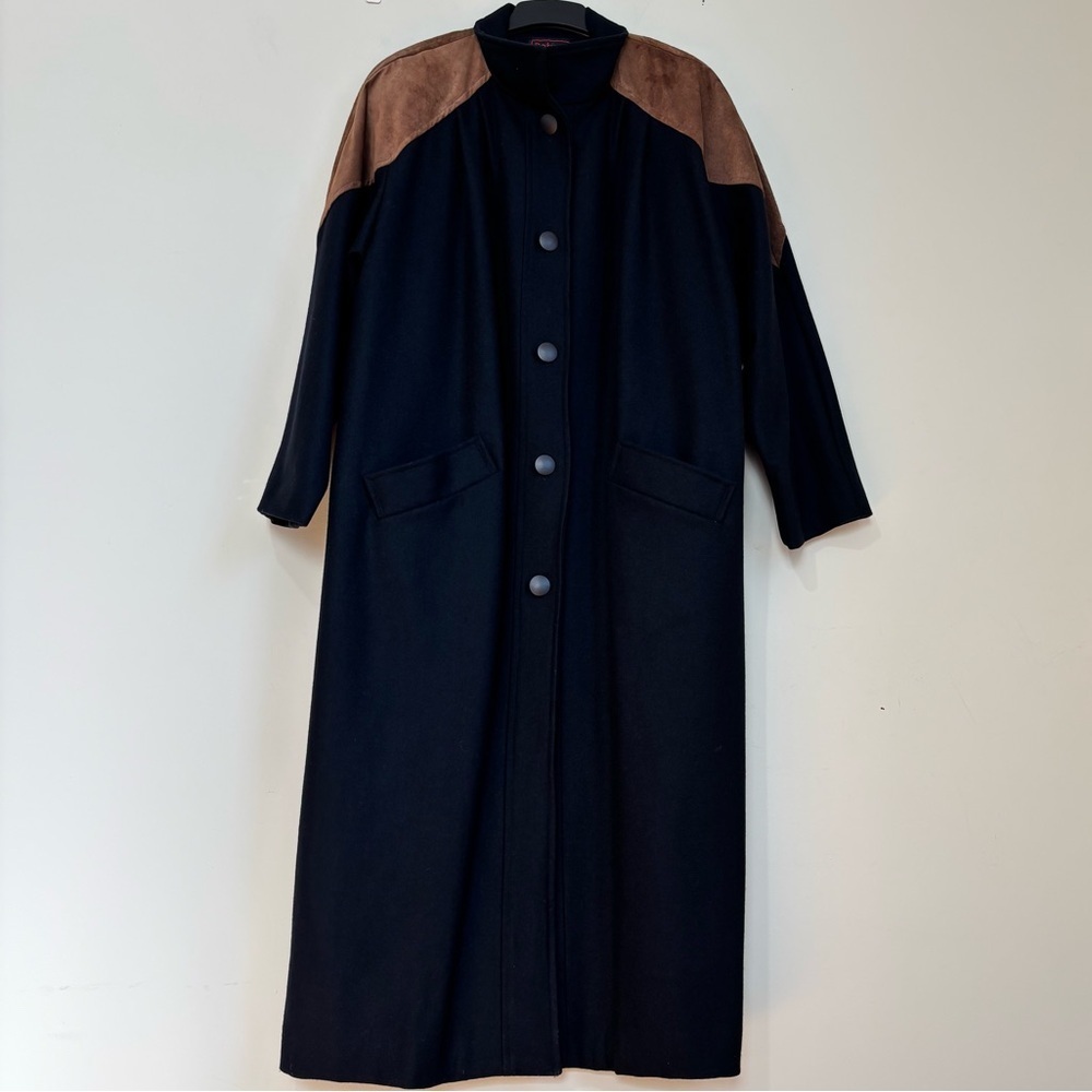 Vintage Patina western old money contrasting tan leather black wool pea coat 16